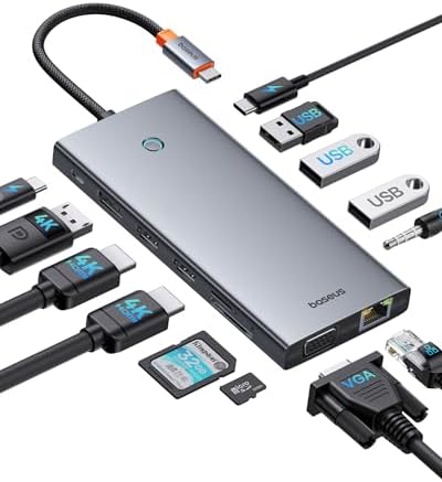 【Chip-Optimiert】Baseus USB C Docking Station 3 Monitore, 13-in-1 USB C Hub mit 2 HDMI 4K@60Hz, DisplayPort 4K@60Hz, VGA, USB 3.1 10 Gbps, PD 100W und Ethernet für Dell/HP/Lenovo/Su