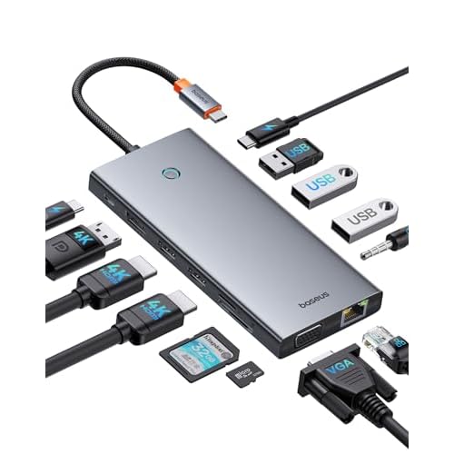 【Chip-Optimiert】Baseus USB C Docking Station 3 Monitore, 13-in-1 USB C Hub mit 2 HDMI 4K@60Hz, DisplayPort 4K@60Hz, VGA, USB 3.1 10 Gbps, PD 100W und Ethernet für Dell/HP/Lenovo/Surface Lapt