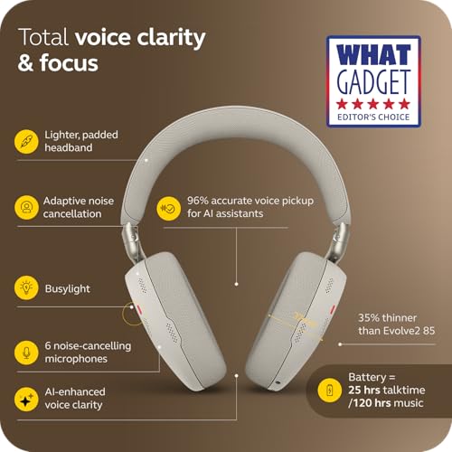 Image of Jabra Evolve3 85 Over-Ear Wireless Bluetooth Headset with Microphone for Work, USB-C, AI Voice Call Technology, Adaptive Active Noise Cancellation, 25-Hour Battery, Works with Meeting Apps, Warm Gray