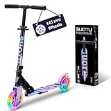 SUOTU Patinete Niño con Grandes Ruedas Iluminadas de 145 mm, Carga Máxima: 100 kg, Scooter para Niños de 3 a 12 Años, Plegable, Volante Ajustable Altura, Aluminio(Negro- Púrpura)