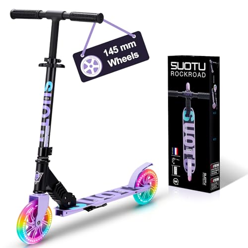 SUOTU Patinete Niño con Grandes Ruedas Iluminadas de 145 mm, Carga Máxima: 100 kg, Scooter para Niños de 3 a 12 Años, Plegable, Volante Ajustable Altura, Aluminio(Negro- Púrpura)
