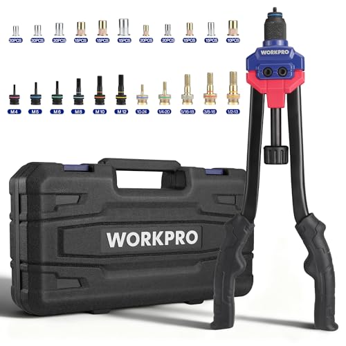 WORKPRO Narzędzie do nitowania, zestaw narzędzi do nitów 40,6 cm z 11 trzpieniami metrycznymi i SAE, zestaw narzędzi do nitowania ręcznego z 185 szt. nitonakrętek, gwintowana wkładka ręczna z torbą do