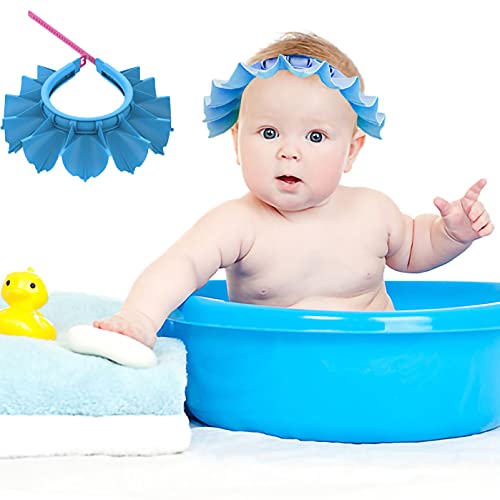 Baby Shower Cap Silicone Bathing Hat, Adjustable Shower Cap Kids, Infants Soft Protection Hat Safety Visor Cap Hat for Toddler Children 0-8 Years old/14.5-19.7 Inches (Blue)