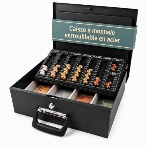 hjh OFFICE Coffret Caisse Safe I – Caisse à monnaie verrouillable en acier avec monnayeur euro, compartiments billets et poignées, pour espèces