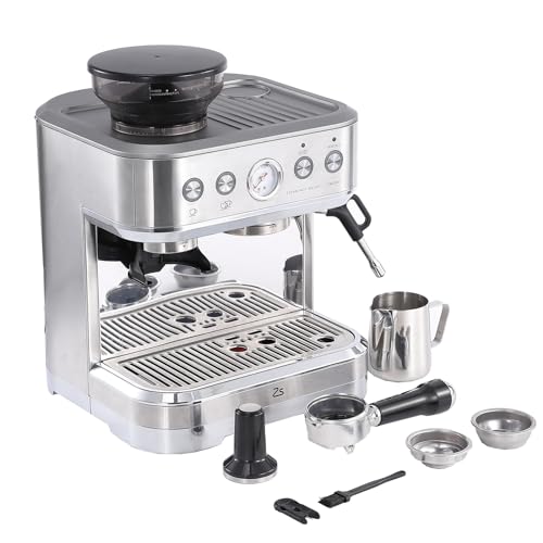 Crevyteg Espresso Coffee Machine, 15 Bar Stainless Steel Semi Automatic Coffee Machines with Grinder, Milk Frother, Steam Wand, Italian Pump and 2.5L Water Tank Coffee Grinder