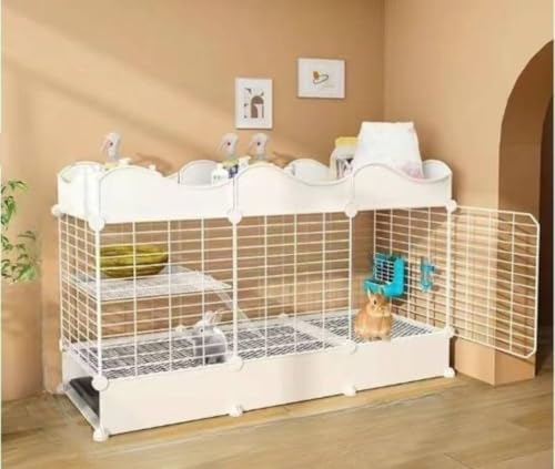 Ambety 小動物用の金属製ウサギケージ、尿に強い、キャスター付き、自動清掃補助具付き、お手入れ簡単、トイレ付きの大型サイズ、室内使用に適しており、モルモット、モルモット、ドワーフウサギにも適しています (基本セット [ケージ + 設置用工具 + 引き出