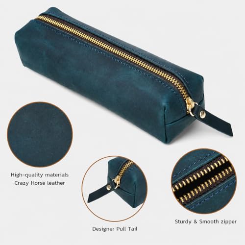 Image of ECHSRT Small Genuine Leather Pencil Pouch for Adults, Blue | Crazy Horse Leather Finish, Compact Writing Instrument Storage