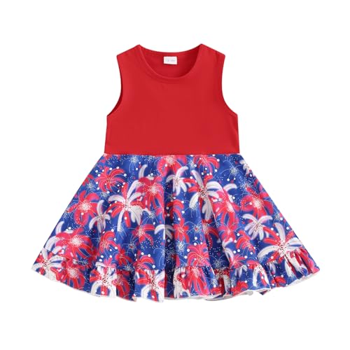 JLKGICF Toddler 4th of July Dresses for Girls Denim Patchwork Floral Print Dress American Flag Baby Fourth of July Outfit (Firework Red, 12-18 Months)