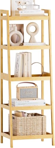 SMIBUY Bamboo Ladder Bookcase, Bathroom Storage Rack Organizer, 4 Tier and 5 Tier Freestanding Plant Display Stand Space Saver Shelves for Bedroom, Kitchen, Balcony (Natural, 5 Tiers (50