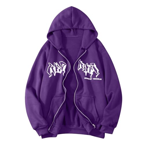 Chaqueta con capucha con cremallera con capucha, diseño de hip hop, estampado gótico, chaqueta con capucha, moda callejera, unisex, con cordón, con camiseta de los años 90, morado, S