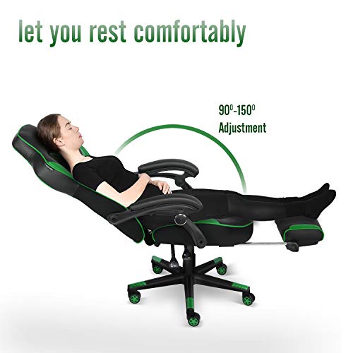 ELECWISH Racing Video Gaming Chair High Back Large Size Ergonomic Adjustable Swivel Reclining Executive Computer Chair with Headrest and Lumbar Support PU Leather Executive Office Chair Green - Thumbnail 6
