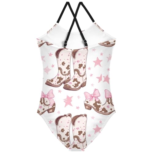 Pigsaly Girls One Piece Swimsuits Pink Cowgirl Boot Brown Bow Skin Kids Cross Back Swimwear Beach Sport Bathing Suit 3T2