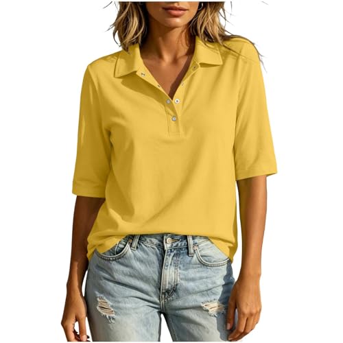 Summer Tops for Women Lapel Collar Half Button 3/4 Sleeve Cotton Linen Shirts Loose Casual Work Blouses Daily Outfits Yellow Work Clothes for Women L