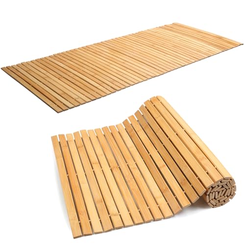 Gemsaya Badematte Holz 120 x 50 cm, Sauna Badvorleger Holz, Rollrost Fussmatte aus Bambus, Rutschfester & Pflegeleicht Saunamatte Badematten