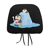車用ヘッドレストカバー かき氷を食べるペンギン 2枚セット カーまくらカバー 車用ネックパッドカバー おしゃれ かわいい ヘッドレストの装飾 カー用品 取付簡単 通気 自動車 汎用 旅行 運転