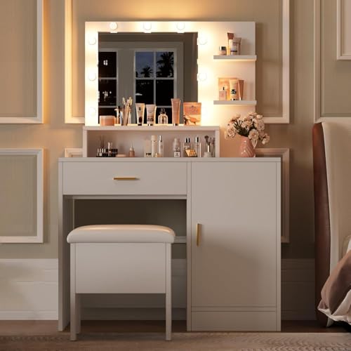 Garvee Vanity Desk with Mirror and Light Bulbs, Makeup Table with Open Shelves and Drawers, Dressing Table Set with Upholstered Stool and Cabinet for Women, Bedroom, Dressing Room, White