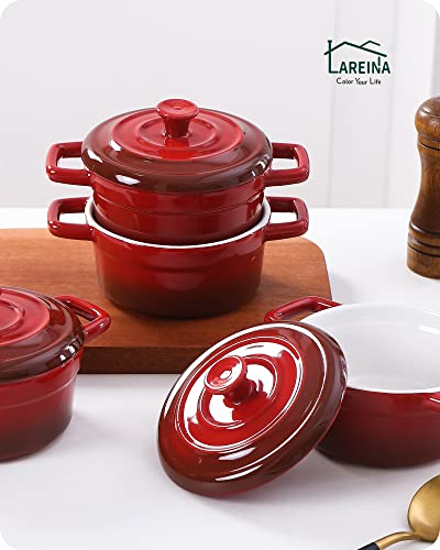 12 Oz Mini Cocotte With Lid, Lareina Small Ceramic Round Casseroles Dish With Handles And Cover, Cute Stoneware Individual Severing Pot, Set Of 4, Red #TOP2