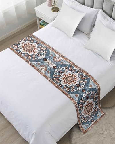 DecorLovee Blue Bohemian Bed Runners for Queen Size Bed, Decorative Bed Throws for Foot of Bed, Retro Pattern Oriental Farmhouse Ethnic Bed Runner Sofa Throw Bedding Scarf Protector for Bedroom