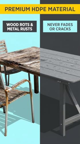 Image of 67'' HDPE Outdoor Dining Table for 6 Rectangular Patio Table for Yard Deck | Dining Table with Umbrella Hole Large Space for 4-6 All-Weather Resistant Heavy Duty Rust-proof Outdoor Indoor Use