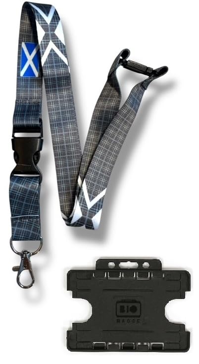 Scottish Tartan Pattern Lanyard with Double Black Horizontal ID Card Holder (1, Stewart Royal, Grey)