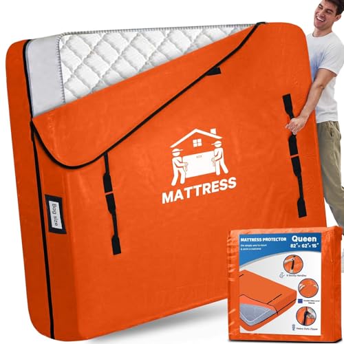 Image of Mattress Bags for Moving, BETU Mattress Protector Waterproof Mattress Cover Queen Size Storage Bags with 8 Heavy-Duty Handles and Zipper for Bed Extra Thick Large Reusable (82 inchx62 inchx15 inch Orange)