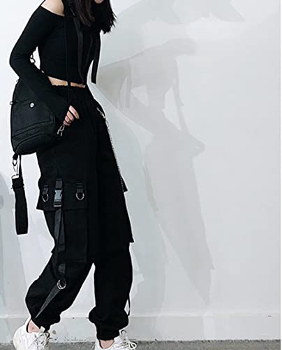 Gai Black Cargo Pants For Women With Chain Techwear Alt Emo Harem Jogger E Girl Gothic Clothes Harajuku Fashion Punk Streetwear (Medium,A) #TOP2