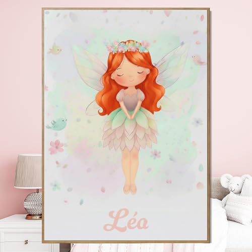 Póster personalizado nombre hada con cabello rojo con o sin marco pastel acuarela ilustración hada niña póster lienzo o plexiglás regalo original personalizado cumpleaños Navidad decoración infantil