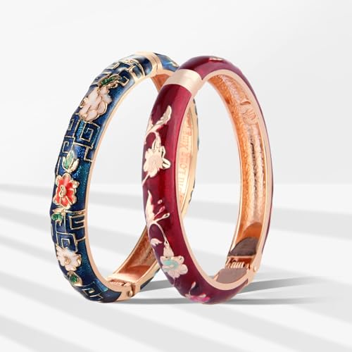 UJOY Cloisonne Bracelet Openable Hinge Gold Cuff Enamel Flower Blue Bangle Jewelry Gift for Women 55A862