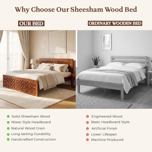 Image of WOODLAB Furniture Sheesham Wood King Size Bed Without Storage and with Niwar Style Headboard | Wooden Double Size Cot Palang for Bedroom Living Room Hotel and Home (Honey Finish)
