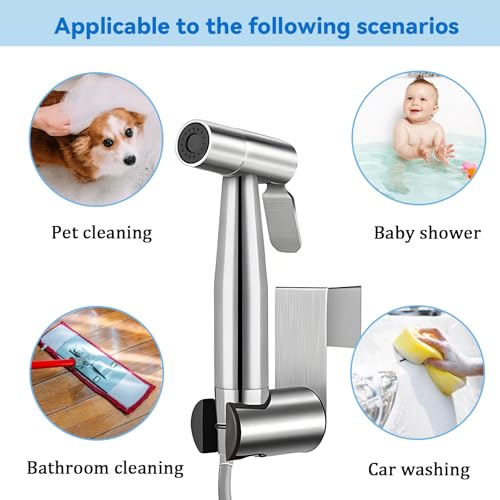 Handbrause Bad Bidet Edelstahl Waschen Duschkopf Bidetaufsatz Sprühset mit Dual Modus (Jet/Stream) mit Federschlauch Haken Toilette Adapte (G1/2 & G3/8) für Tägliche Körperhygiene und Badreinigung