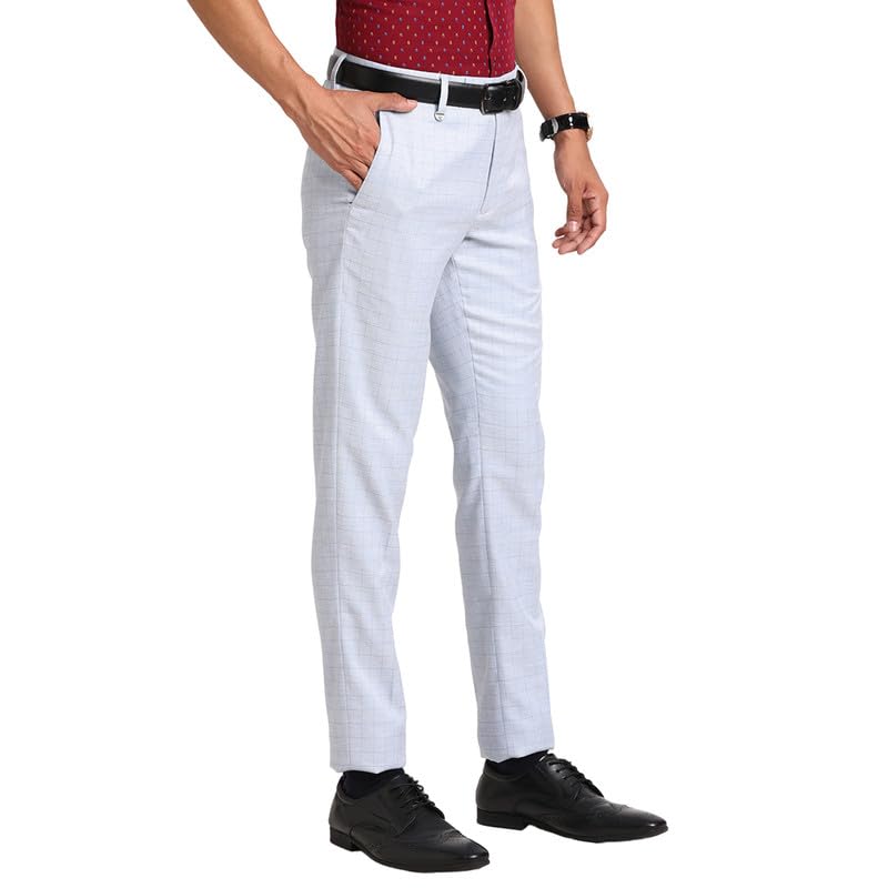 Image of Turtle Men Poly Viscose Light Blue Checkered Ultra Slim Fit Flat Front Formal Trouser