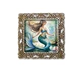 Beautiful Mystical Mermaid Handmade Square Glass Baroque Style BROOCH or Pin Jewelry (Antique Bronze Tone)