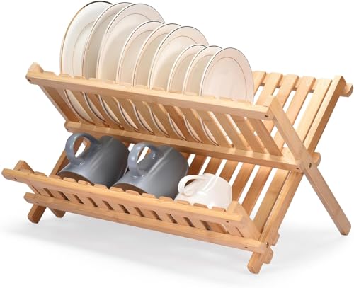 Escurridor de Madera, Escurreplatos Madera, Organizador Platos Plegable para Fregadero, escurridor de Platos para Cocina, Plegable y Resistente, 42 x 33 x 26 cm
