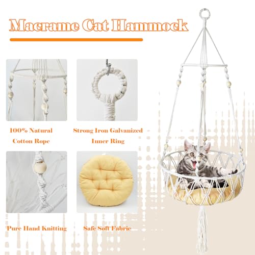 MUYG Cama de rede para gatos macramê, cama de gato boho tecida à mão com kit de pendurar para decora