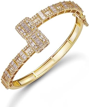 Lulu Mel Iced Out Baguette Diamond Bracelet Jewelry for Women, Hip Hop Mens 14k Gold Silver Plated Cubic Zirconia Bangle Bracelet, Girls Heart Cuff Bracelet With Jewelry Box (Gold, 8inch)