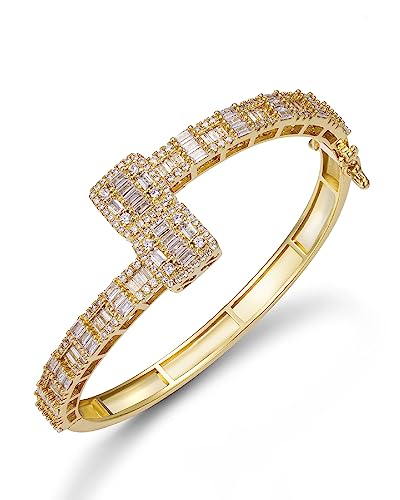 Lulu Mel Iced Out Baguette Diamond Bracelet Jewelry For Women, Hip Hop Mens 14K Gold Silver Plated Cubic Zirconia Bangle Bracelet, Girls Heart Cuff Bracelet With Jewelry Box (Gold, 8Inch) #TOP4