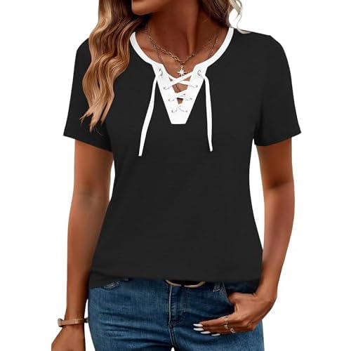LOMON Womens Criss Cross Short Sleeve T-Shirts V-Neck Floral Summer Blouse Tops