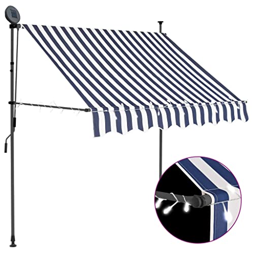 Homgoday Retractable manual awning, water and dirt repellent polyester canopy with solar LED lights, adjustable steel frame for garden, balcony and patio shade