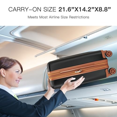 Image of Kono Carry On Luggage 22x14x9 Airline Approved, 20 Inch Expandable Suitcase | Lightweight Luggage with Quiet Spinner Wheels & TSA Lock, PC+ABS Hard Shell Suitcase for 1-3 Days Travel, Black & Brown