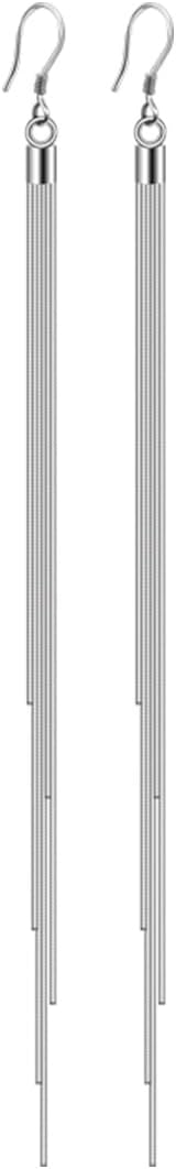 S925 Sterling Silver Long Sleek Chain 6 Tassels Earrings Simple Dainty Hook Studs Dangle Handcrafted Jewelry for Women Ladies Line Minimalist Fashion Accessories for Party