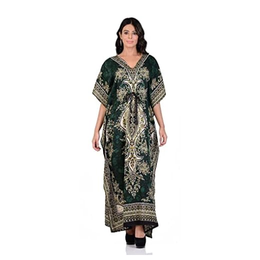 Art Of Creation Robe tunique longue caftan imprimée pour femme - Grande taille - Robe de nuit - Couverture complète (vert), vert, Taille L
