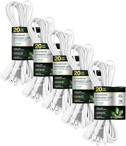 GoGreen Power Inc. (G-24720-5) 16/2 20' Household Extension Cord, 3 Outlets, White, 20ft, 5 Pack