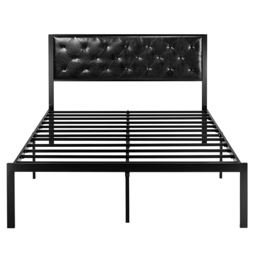 Image of Allewie Queen Bed Frame with Faux Leather Upholstered Headboard, Chic Diamond Stitched Tufted Design, No Box Spring Needed, Black