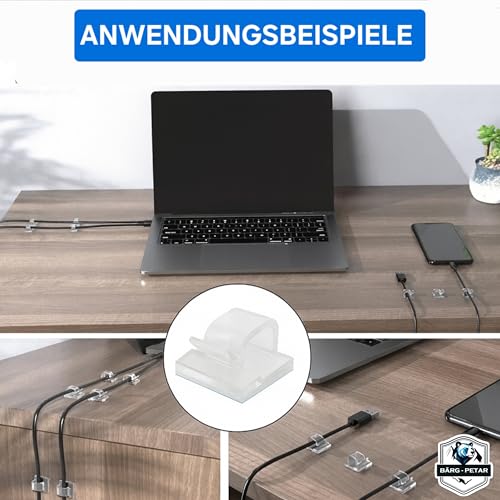 BÄRG-PETAR® Selbstklebende Kabelclips 100 Stück – Kabelhalter & Kabelmanagement Clips – Stark haftender 3M Kleber – für USB, HDMI, Ladekabel – Büro, Auto & Zuhause