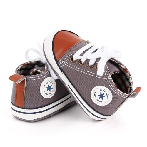 Image of Unisex Baby Boys Girls Shoes, Newborn Infant Non-Slip Canvas Denim High Top Sneakers, Toddler First Walkers Shoes