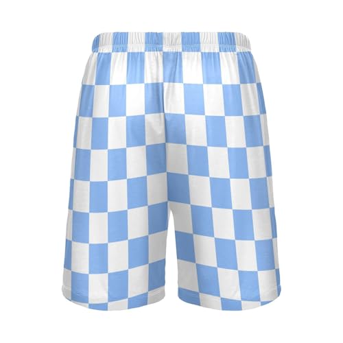 Men's White and Blue Checkered Pajama Shorts with Pocket and Drawstring S2