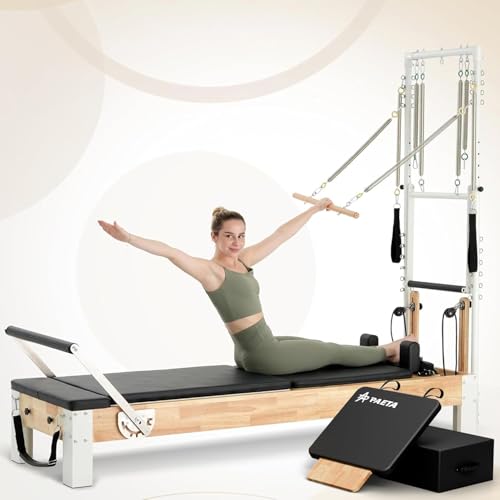 Pilates Reformer, PAETA Wooden Reformer Pilates Machine with Cadillac Trapeze Table, Pilates Equipment for Home Workout and Studio, Includes Sitting Box, Jumpboard(Reformer with Tower)