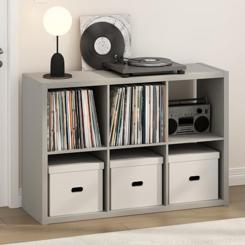 Image of Furinno Cubicle Record Player Stand, 6-Cube Record Storage, Light Grey | Vinyl Storage, 1.2 inchInch Extra Thick, Open Back Media Shelf for CD DVD Bluray Game Disc, for Living Room, Home Office
