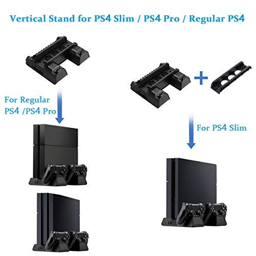 Cooling Dock for PS4/ PS4 Slim/ PS4 Pro, Multifunctional Vertical Stand with Dual Controller Charger Station, 3 Cooling Fans and 12 Game Disc Storage (Black)