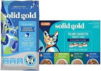 Solid Gold Fit as a Fiddle Weight Management Cat Food – Low Calorie Dry Cat Food with Alaskan Pollock – 3lb – Wet Cat Food Variety Pack – Wet Cat Food Pate & Shreds in Gravy Recipes – 12 Pack